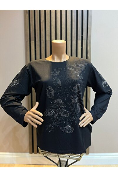 AKMAVİ Women's Middle Age and Above Round Neck Viscose Orchid Stone Mother Co...