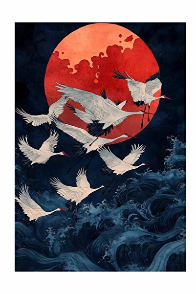 Taranist Poster Kırmızı Ay ve Kuşlar Japon Esintili Sanat