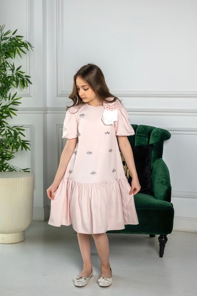 Generic فستان بناتي وردي ناعم بتطريز لامع وأكمام منفوخة للمناسبات