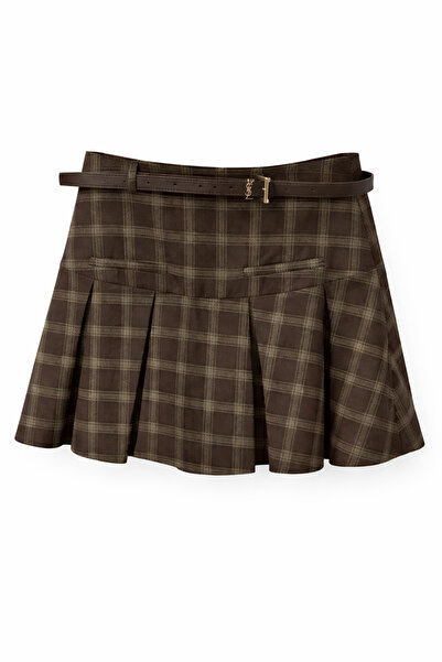 HAZELANNA Карирана къса пола с колан в цвят кафе