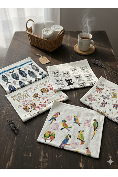 ÖZteks 30-50 cm (5 Pieces) Printed Velvet Kitchen Towel & Hand and Face Towel