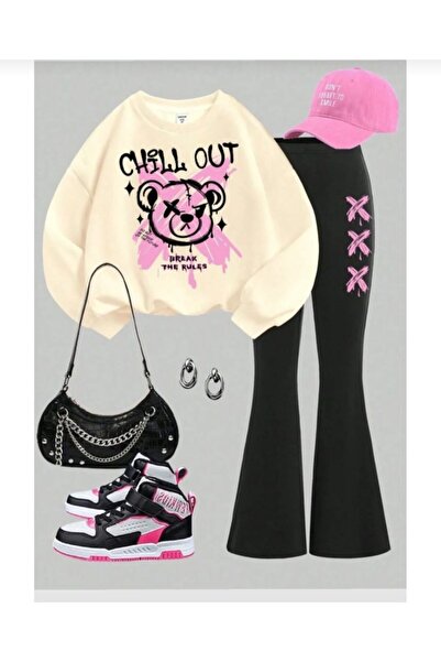 Kids Χειμερινό εμπριμέ ισπανικό σετ κοριτσιών με φαρδιά μπατζάκια Μπεζ-μαύρο