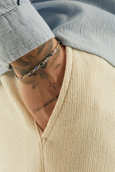 Fjellor LINEA 925 Ayar Gümüş İnce Baget Çok Renkli Taşlı Erkek Bileklik – Sli...