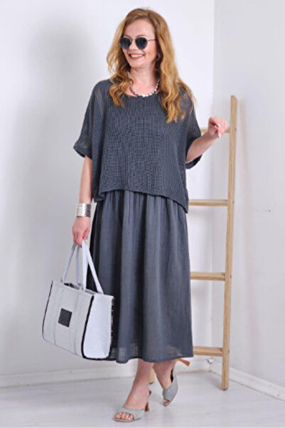 AYASOFYA OTANTIK Women's Italian Anthracite Plain Pattern Mesh 100% Cotton Li...