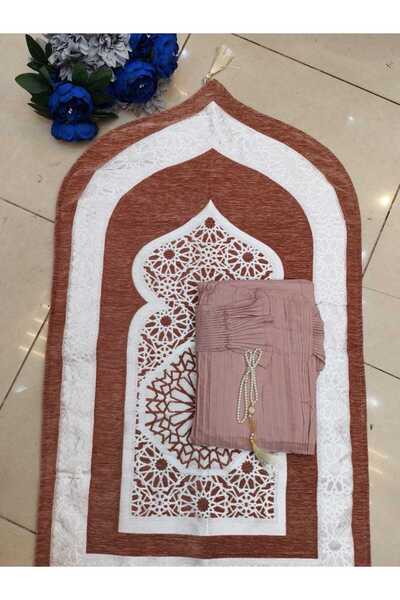 RUG A prayer set in a warm, earthy color, featuring a white patterned rug and...