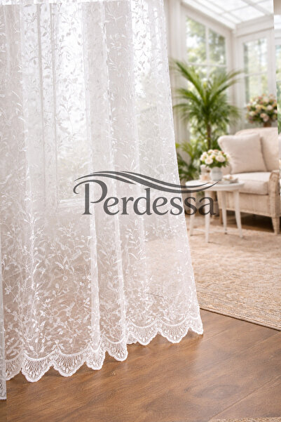 Perdessa Çiçek İşlemeli Tül Perde Eteği İşlemeli Sık Pile