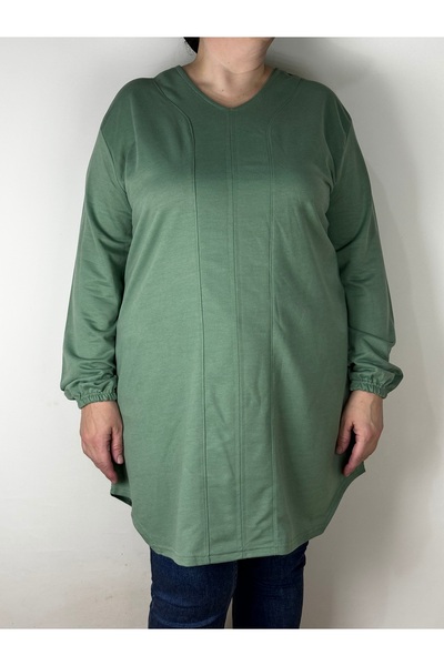 YAŞAR TRİKO Women's Mint Green Long Sleeve Ankle Elastic V-Neck Long Tunic