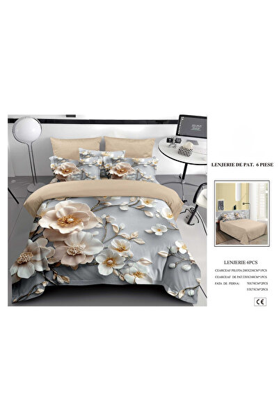 FIONNA.RO Finet Duvet Cover Set 6 Pieces 5D - Beige and Grey with Flowers