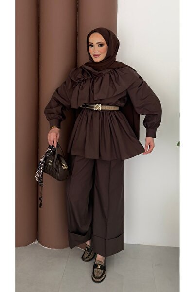 Modanurgul Qatar Fırfırlı Beli Lastikli Takım - Kahverengi