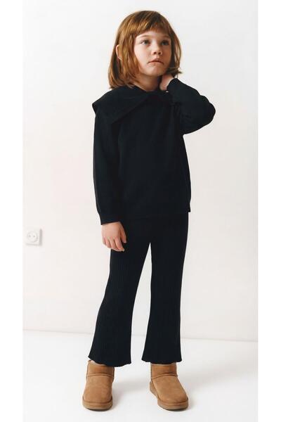 Magu Κοριτσίστικο Βαμβακερό Μαύρο Πλεκτό Σετ – Πουλόβερ με Γιακά και Παντελόν...