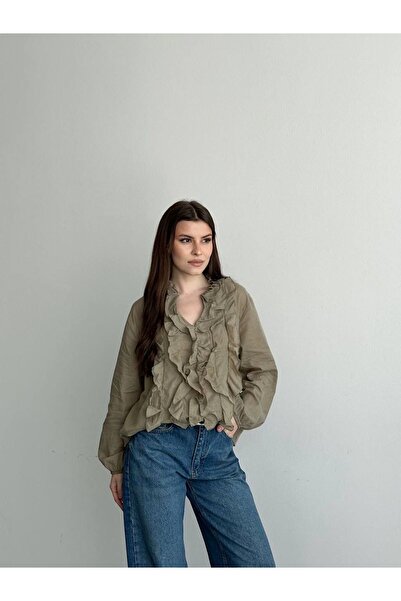 Ekim Store Ruffled V-Neck Tulle Blouse