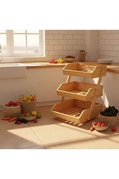OLİVYA Bambu 3 Katlı Organizer Tezgah üstü Sebzelik Meyvelik