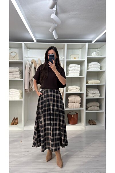 ALVOR High Waist Vintage Plaid Patterned Midi Skirt with Pockets