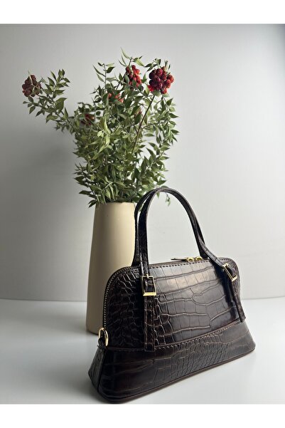 Giseca Loya Acı Kahve Timsah Deri Şık Kadın El ve Omuz Çantası