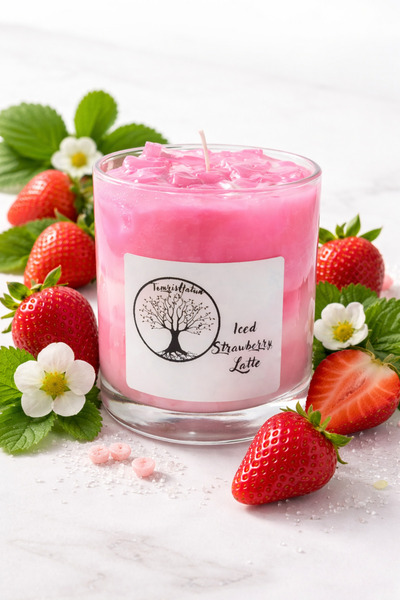 Tomris Hatun Ice Strawberry Latte Mum, Soya Wax ve Jel Mum, Çilek Kokulu