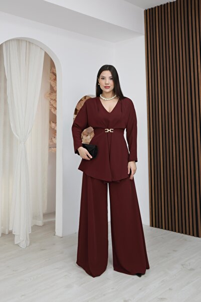 Ekim Store Buckle Y-Neck Blouse and Trousers Set