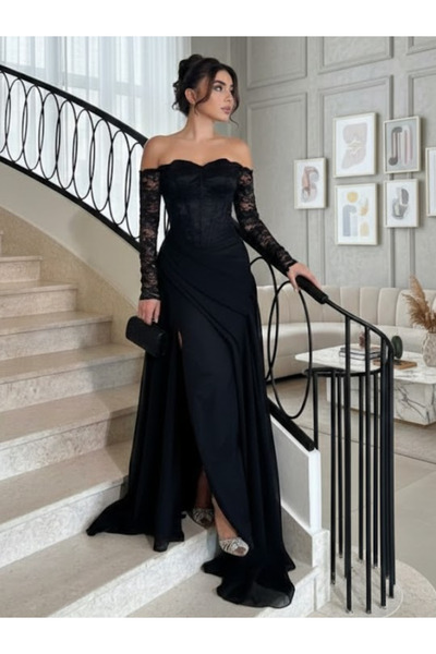 TREN Premium Black Mikado Formal Wear Glossy Off-Shoulder Fluffy Gown with Sh...