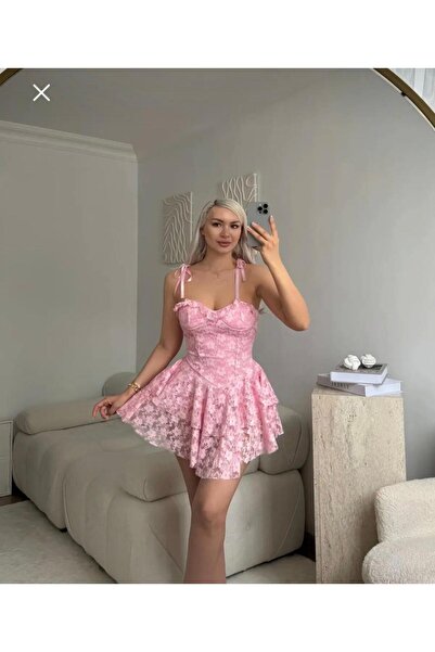 DİSCO BEL KORSE DANTEL ELBİSE PEMBE
