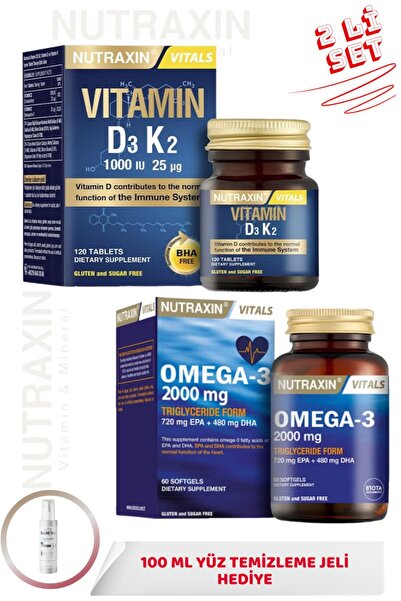 Nutraxin D3K2 Vitamini 120 Tablet + Omega 3 60 Softgel + 100ml Yüz Yıkama Jel...