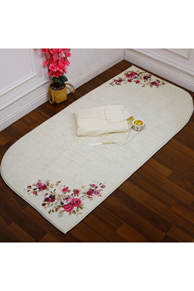 RUG A warm beige prayer set decorated with colorful flowers, adding a touch o...