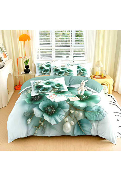 FIONNA.RO Lenjerie de Pat Finet 6 Piese cu Elastic 5D - Turcoaz cu Flori