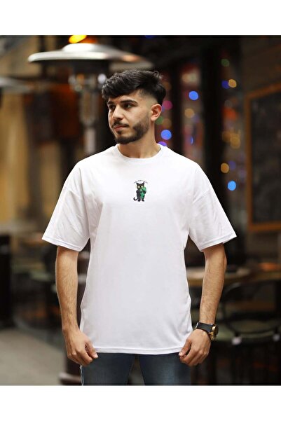 Rabona Fashion Tricou supradimensionat alb cu pisică vegetariană