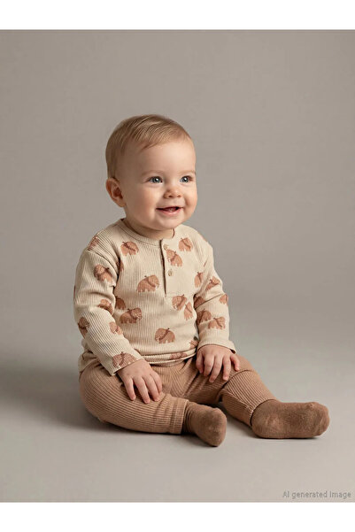 LC Waikiki Lcw Baby Beige Elephant Patterned Baby Boy T-Shirt and Leggings