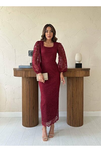 Ekim Store Lined Balloon Sleeve Lace Long Dress