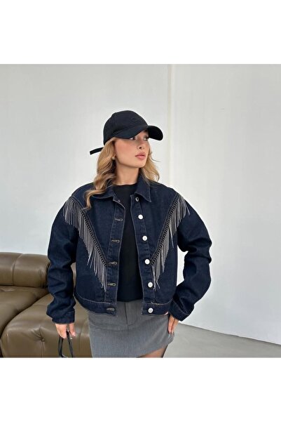 N&S COLLETİON Kadın Koyu Mavi Düğmeli Püsküllü/Zincirli Kısa Jean Kot Ceket