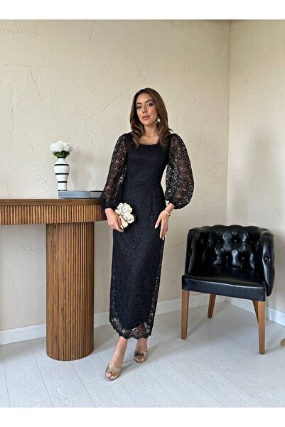 Ekim Store Lined Balloon Sleeve Lace Long Dress