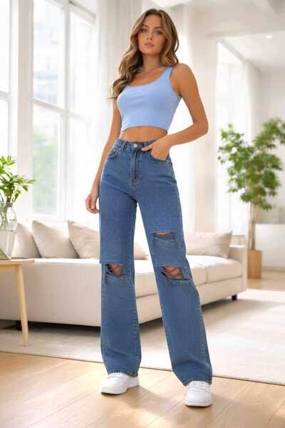 NWC Senna 90's Women's Medium Blue Ripped Super High Waist Loose Lycra Loose ...