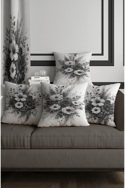 ALAMODECOR Gray, Anthracite Bohemian Style Floral Patterned Double-Sided Digi...