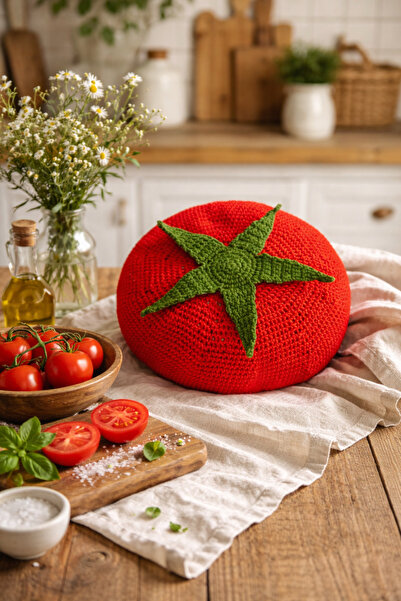 Günebakan Tomato Throw Pillow – Hand Knitted Decorative Pillow