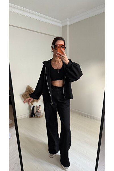 NURCAN KESKİN STORE Black Embroidered 3-Thread Athlete Tracksuit Set