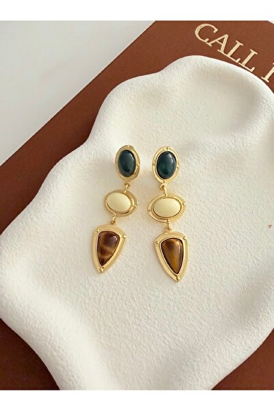 Tasarım Long Model Gold Color Women's Earrings with Multiple Stone Details