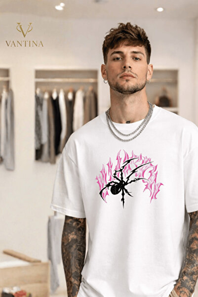 VANTINA Unisex Pink Flame Spider Printed Oversize Cotton Crew Neck Short Slee...