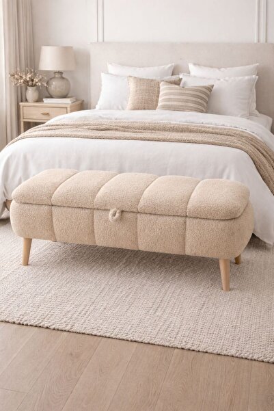 own home Sara Sandıklı Puf Bench, Teddy Kumaş Kaplamalı Ahşap Ayaklı Modern B...