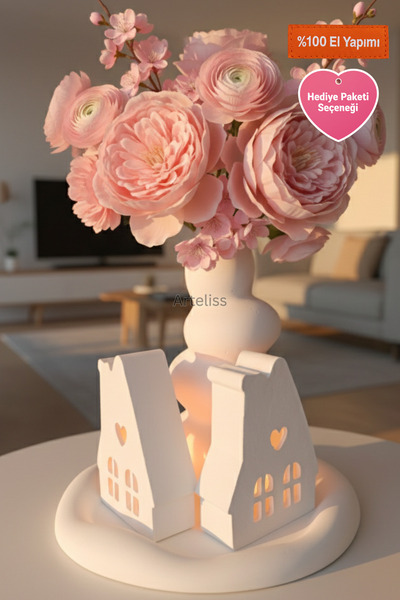 Arteliss Dreamy Cottage 4'lü Dekoratif Set - Kalp Detaylı Bungalov Işık Ev, Ç...