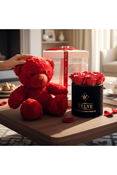 velve Pachet Special Valentine,ursulet Tommy si aranjament cu 7 trandafiri de...