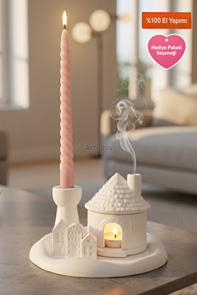 Arteliss Beyaz Düş Dekoratif Mumluk ve Şamdan Seti - Bacalı Ev Buhurdanlık, ş...