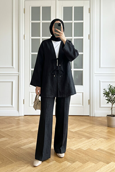 MODAQU Linen Kimono Trouser Set with Lace-Up Front – Black