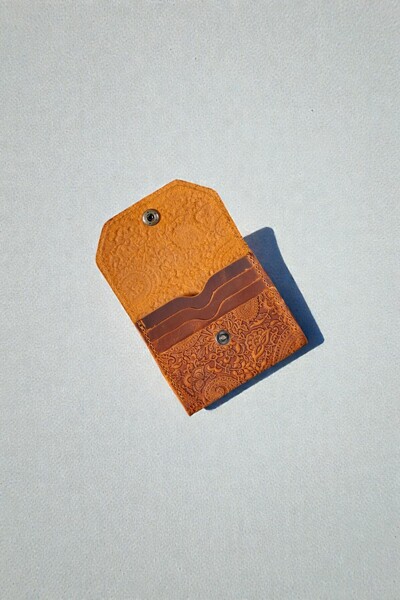 MAT Deri Women's Card Holder Orange Patterned Genuine Leather Small Wallet wi...