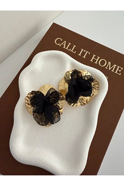 Tasarım Black Tulle Flower Detailed Gold Color Statement Earrings