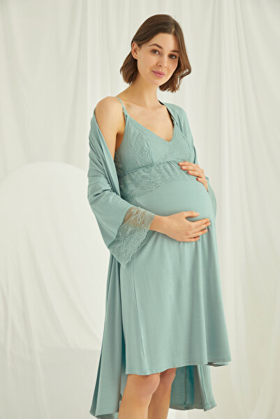 MONAMİSE Women'S, Viscose, Light Green, Lace, Maternity Nightgown Set