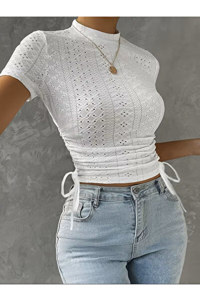 Wildco White Lace Patterned Short Sleeve Crop Blouse, White Scallop Detailed ...