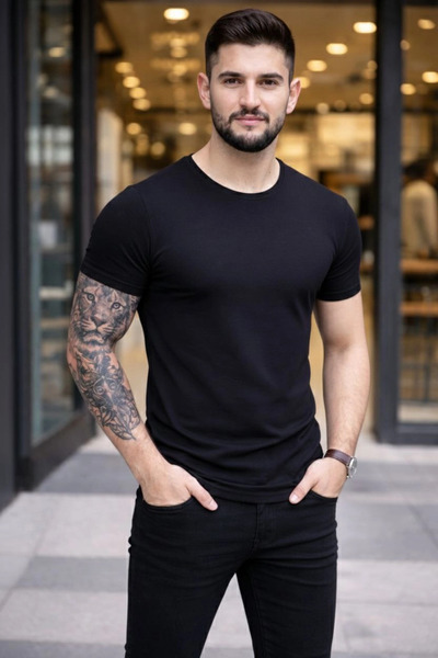 LUMİART Men's T-Shirt Crew Neck Slim Fit Tight Fit Lycra T-Shirt Casual Basic...