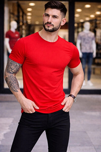 LUMİART Men's T-Shirt Crew Neck Slim Fit Tight Fit Lycra T-Shirt Casual Basic...