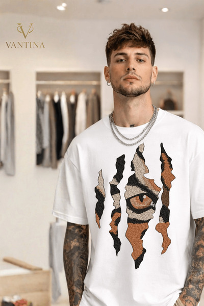 VANTINA Unisex Tiger Eye Printed Oversize Cotton Crew Neck Short Sleeve T-Shirt