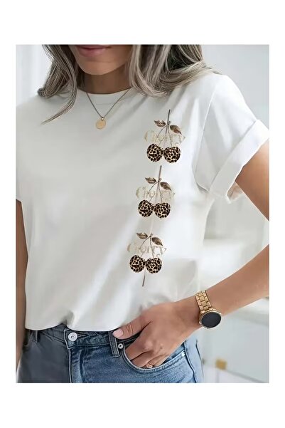 Massgai Unisex Leopard Pattern Ribbon Cherry Printed Oversize 100% Cotton T-S...