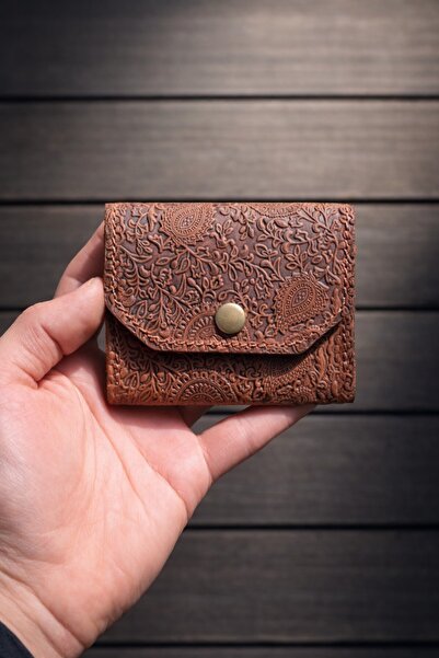 MAT Deri Women's Card Holder Tan Patterned Genuine Leather Small Wallet with ...
